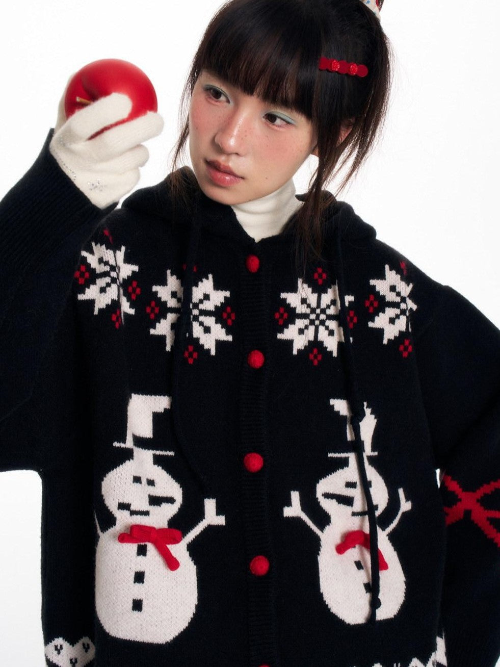Snowman Bow Jacquard Embroidered Hooded Women's Acrylic Blend Button-up Cardigans