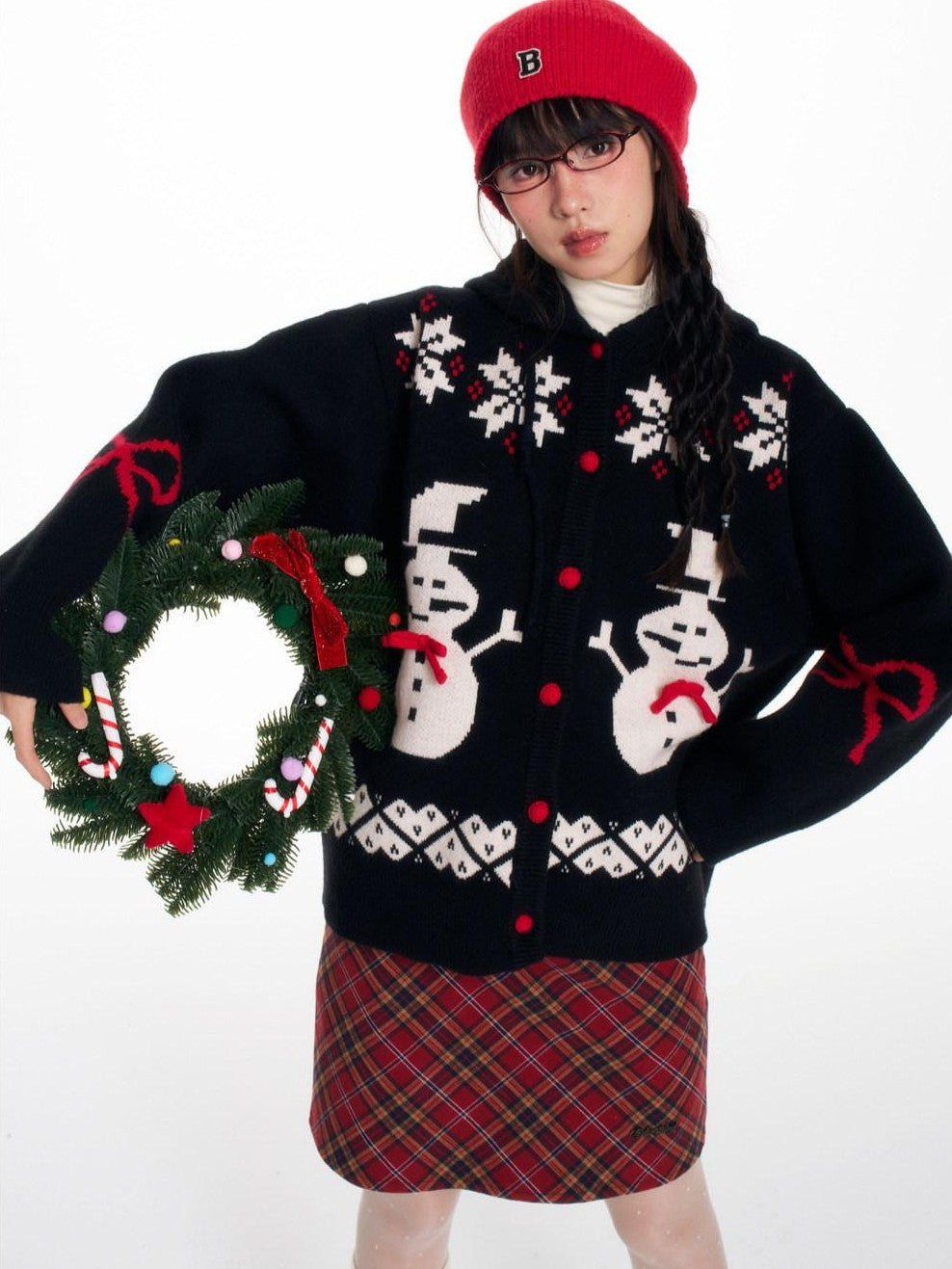 Snowman Bow Jacquard Embroidered Hooded Women's Acrylic Blend Button-up Cardigans