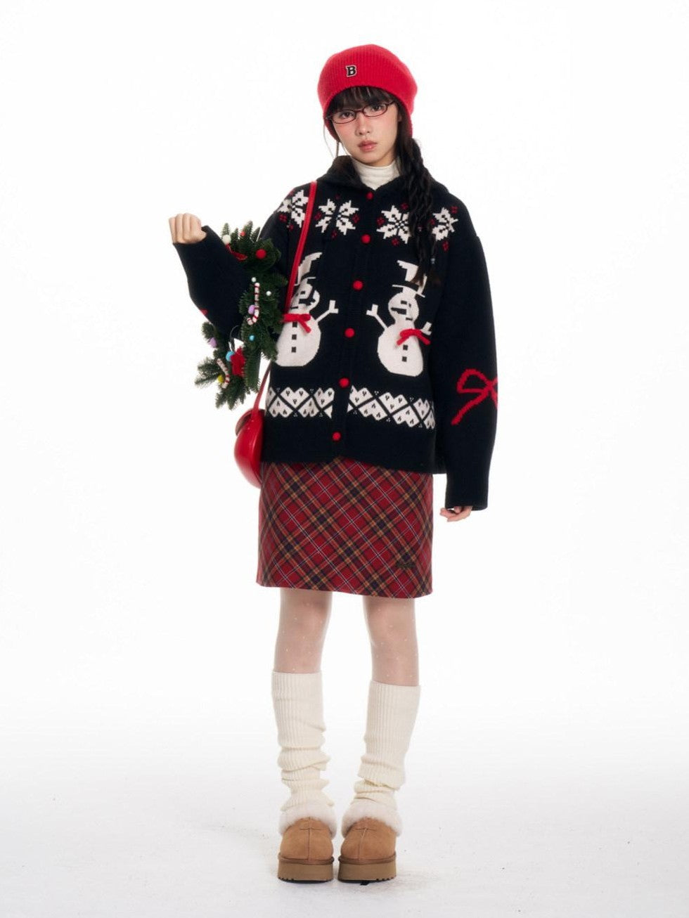 Snowman Bow Jacquard Embroidered Hooded Women's Acrylic Blend Button-up Cardigans