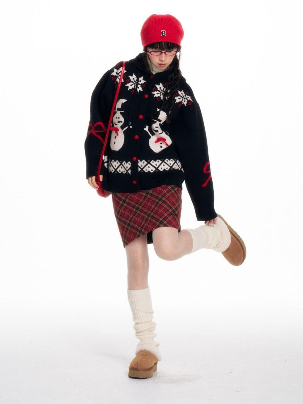 Snowman Bow Jacquard Embroidered Hooded Women's Acrylic Blend Button-up Cardigans