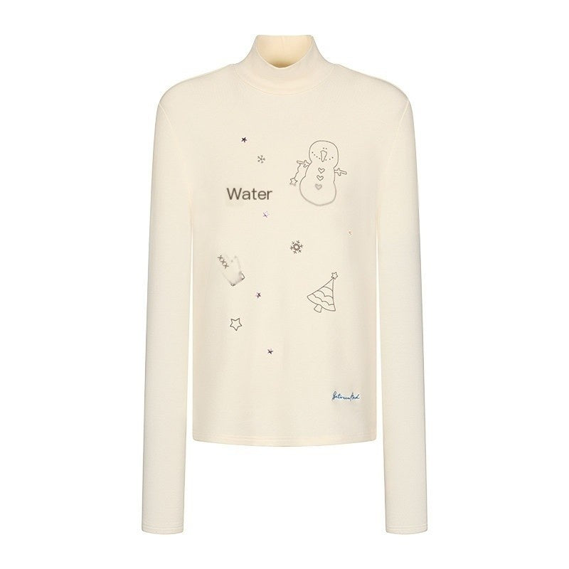 Soft Beaded Letter Print Mock Neck Women's Viscose Blend Long Sleeve T-shirts