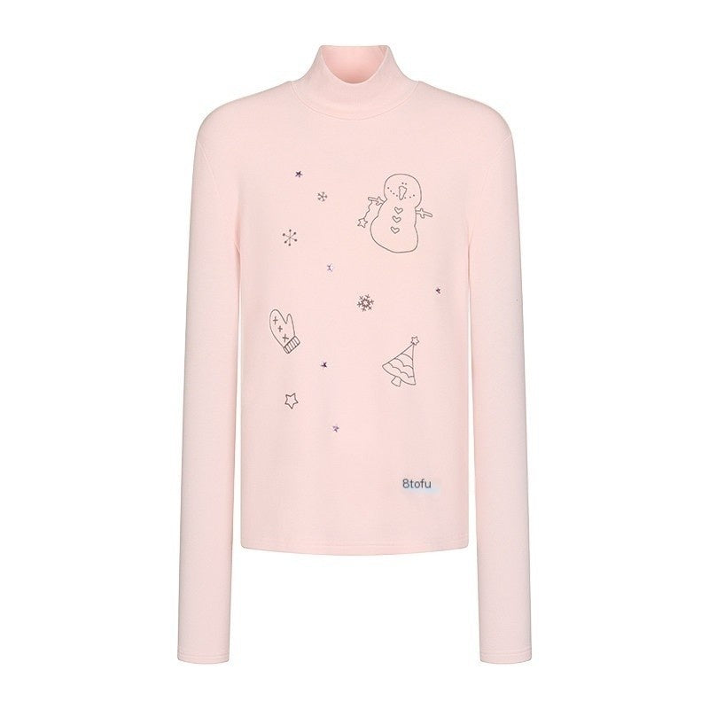 Soft Beaded Letter Print Mock Neck Women's Viscose Blend Long Sleeve T-shirts
