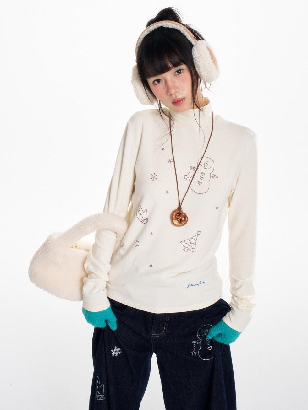 Soft Beaded Letter Print Mock Neck Women's Viscose Blend Long Sleeve T-shirts