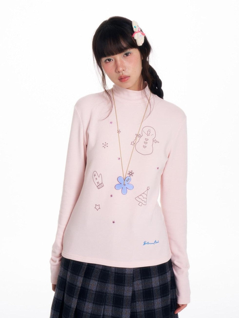 Soft Beaded Letter Print Mock Neck Women's Viscose Blend Long Sleeve T-shirts