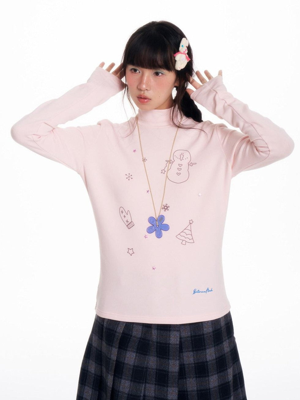 Soft Beaded Letter Print Mock Neck Women's Viscose Blend Long Sleeve T-shirts