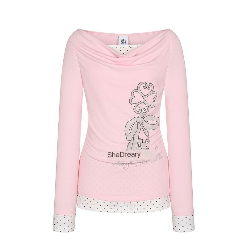 Splice Bow Print Scoop Neck Women's Cotton Blend Long Sleeve T-shirts