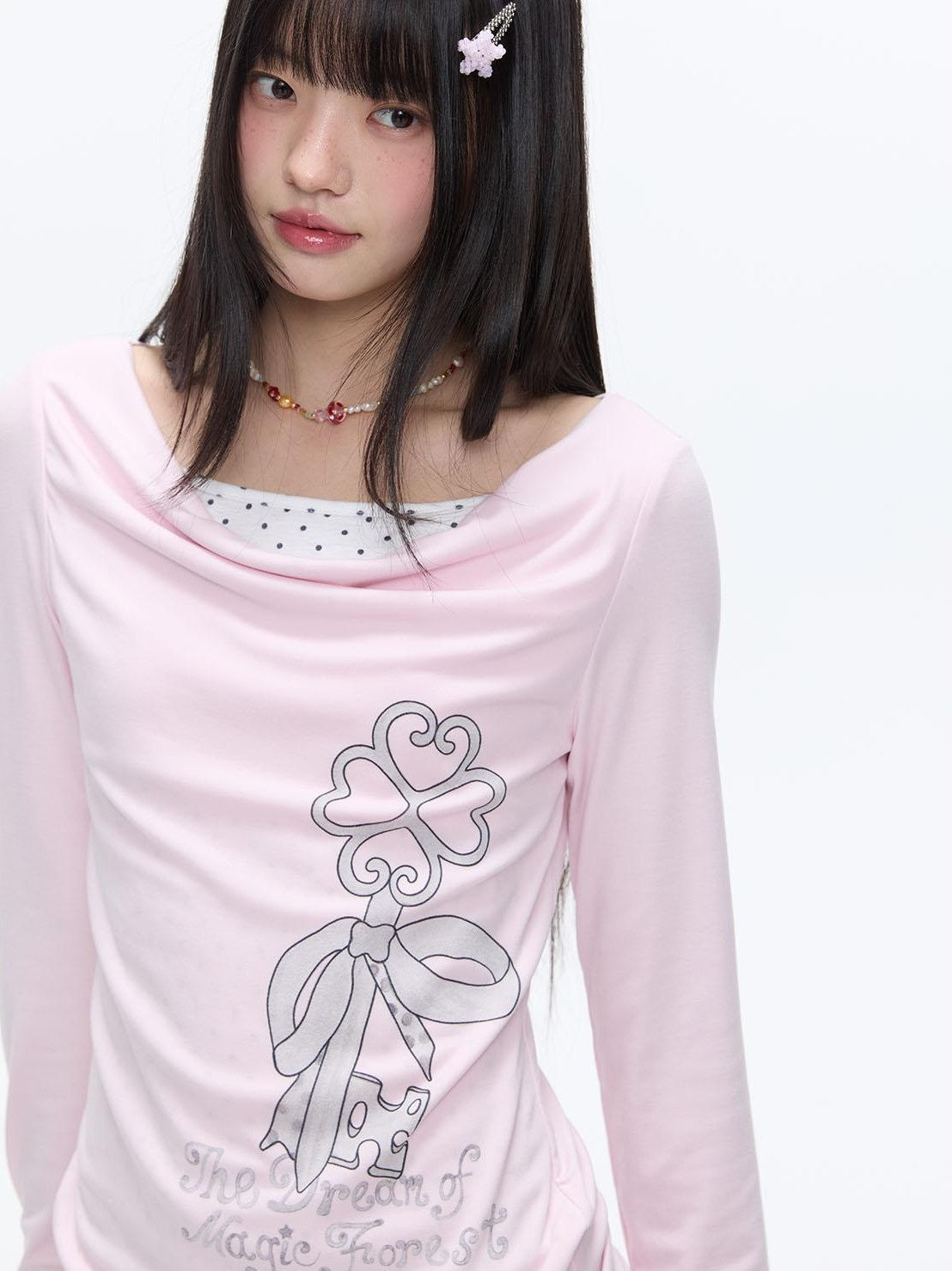 Splice Bow Print Scoop Neck Women's Cotton Blend Long Sleeve T-shirts