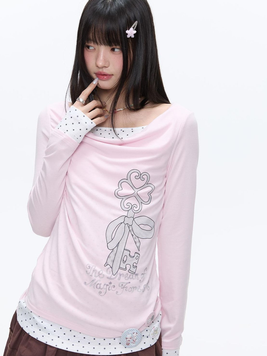 Splice Bow Print Scoop Neck Women's Cotton Blend Long Sleeve T-shirts