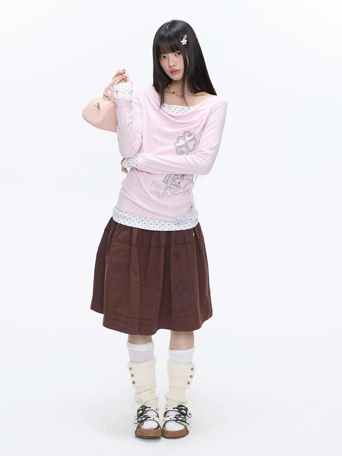 Splice Bow Print Scoop Neck Women's Cotton Blend Long Sleeve T-shirts