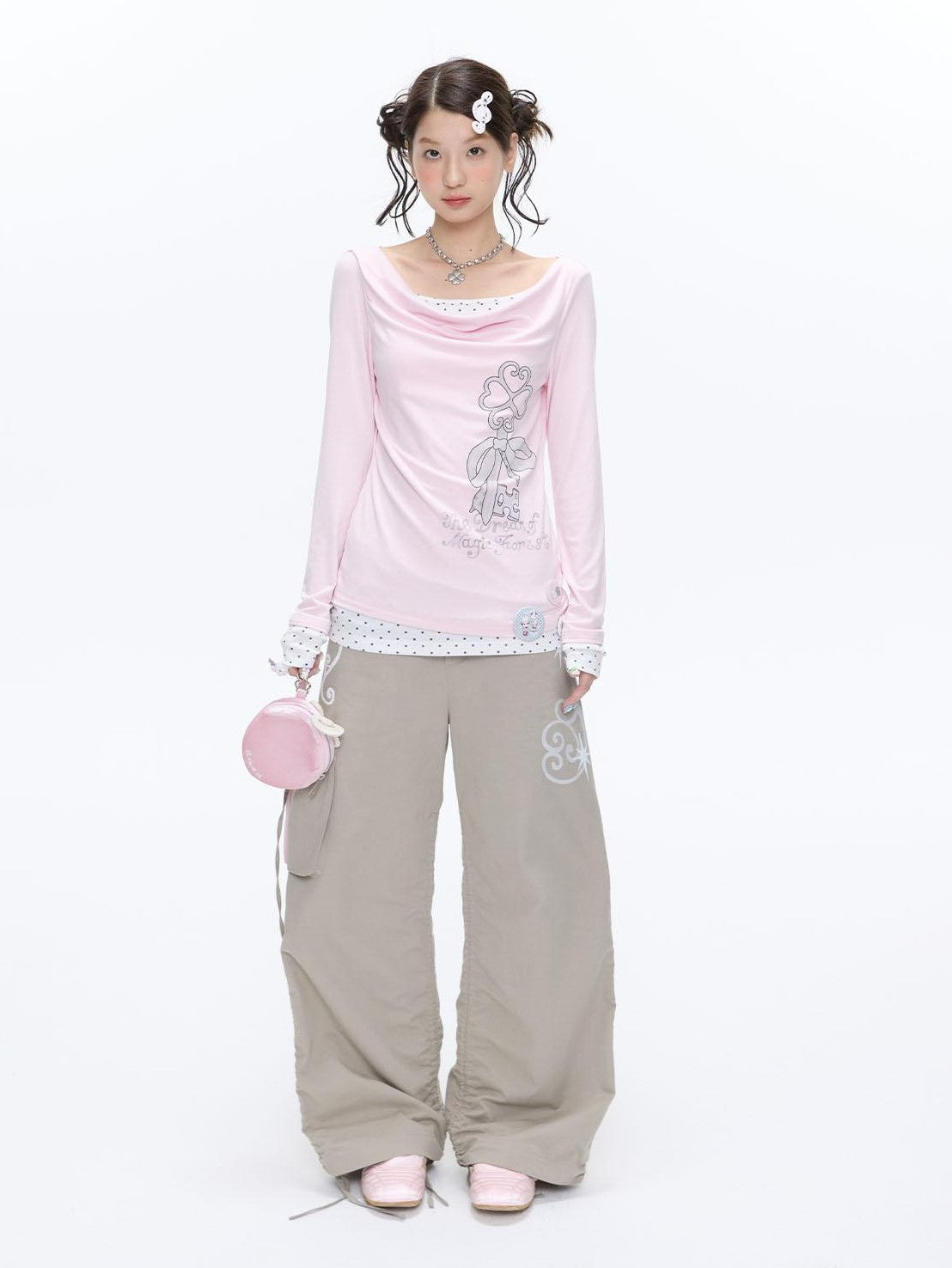 Splice Bow Print Scoop Neck Women's Cotton Blend Long Sleeve T-shirts