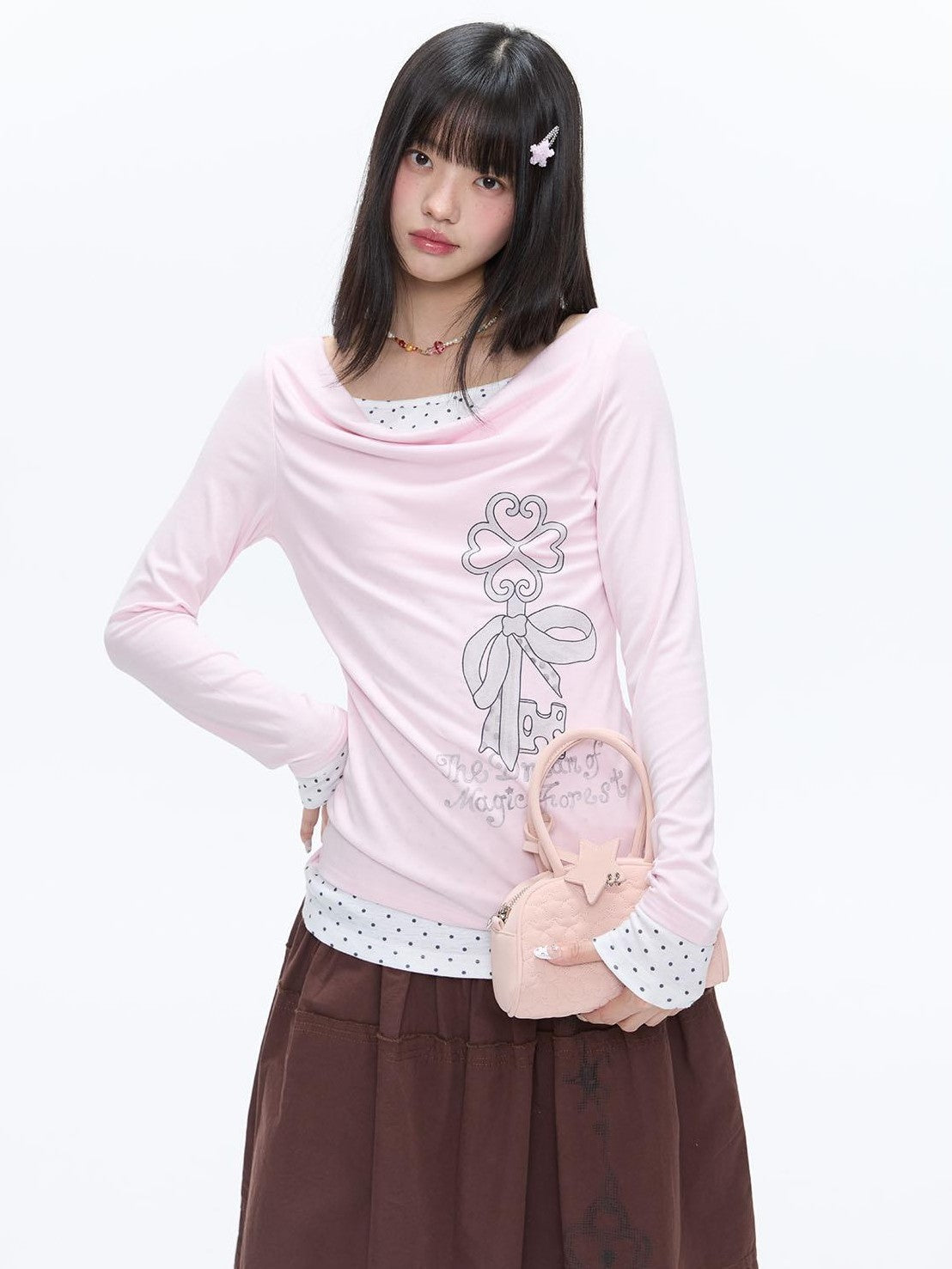 Splice Bow Print Scoop Neck Women's Cotton Blend Long Sleeve T-shirts