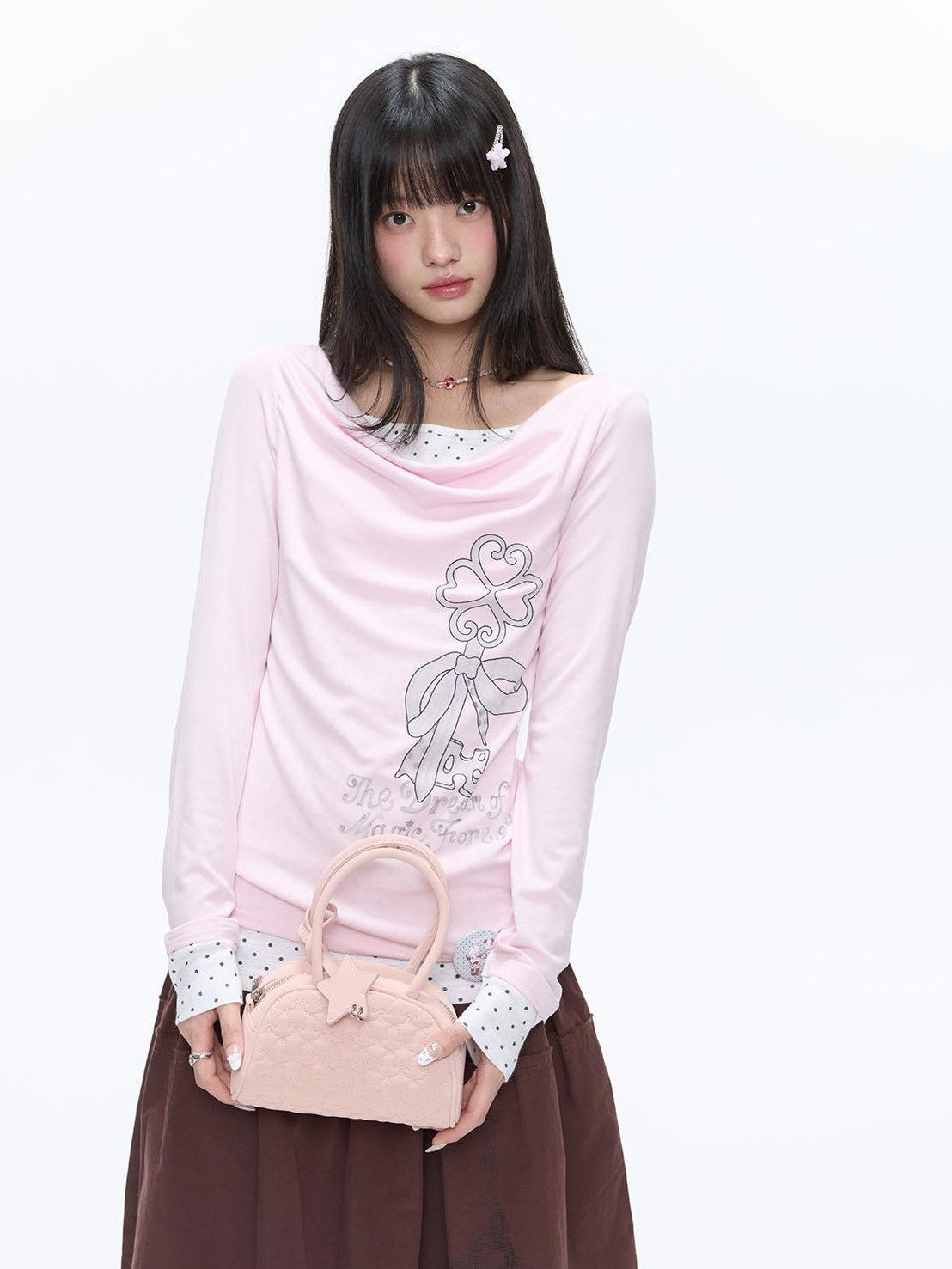Splice Bow Print Scoop Neck Women's Cotton Blend Long Sleeve T-shirts