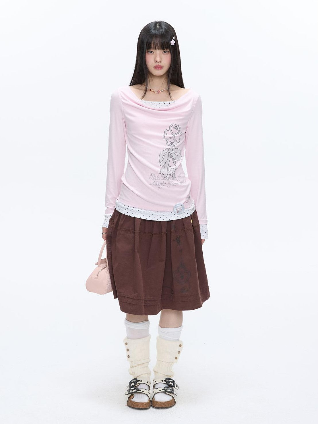 Splice Bow Print Scoop Neck Women's Cotton Blend Long Sleeve T-shirts