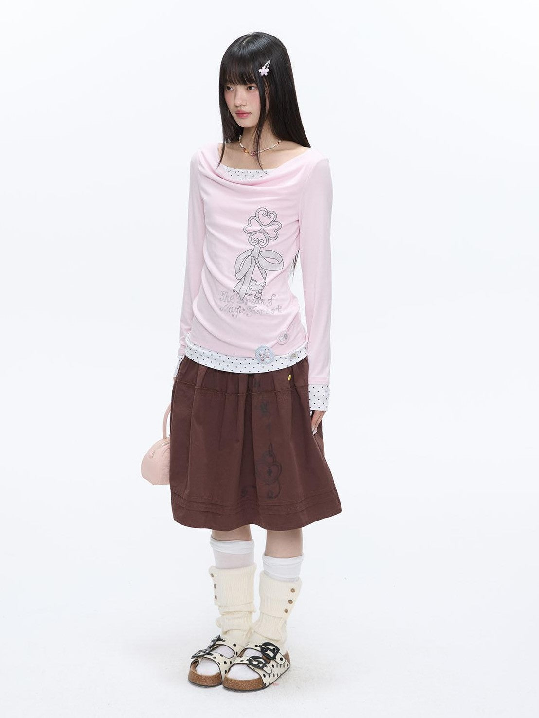 Splice Bow Print Scoop Neck Women's Cotton Blend Long Sleeve T-shirts