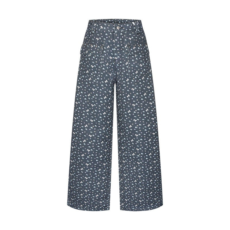 Starry Blue Floral Print Wide Leg Pockets Women's Cotton Blend Chinos