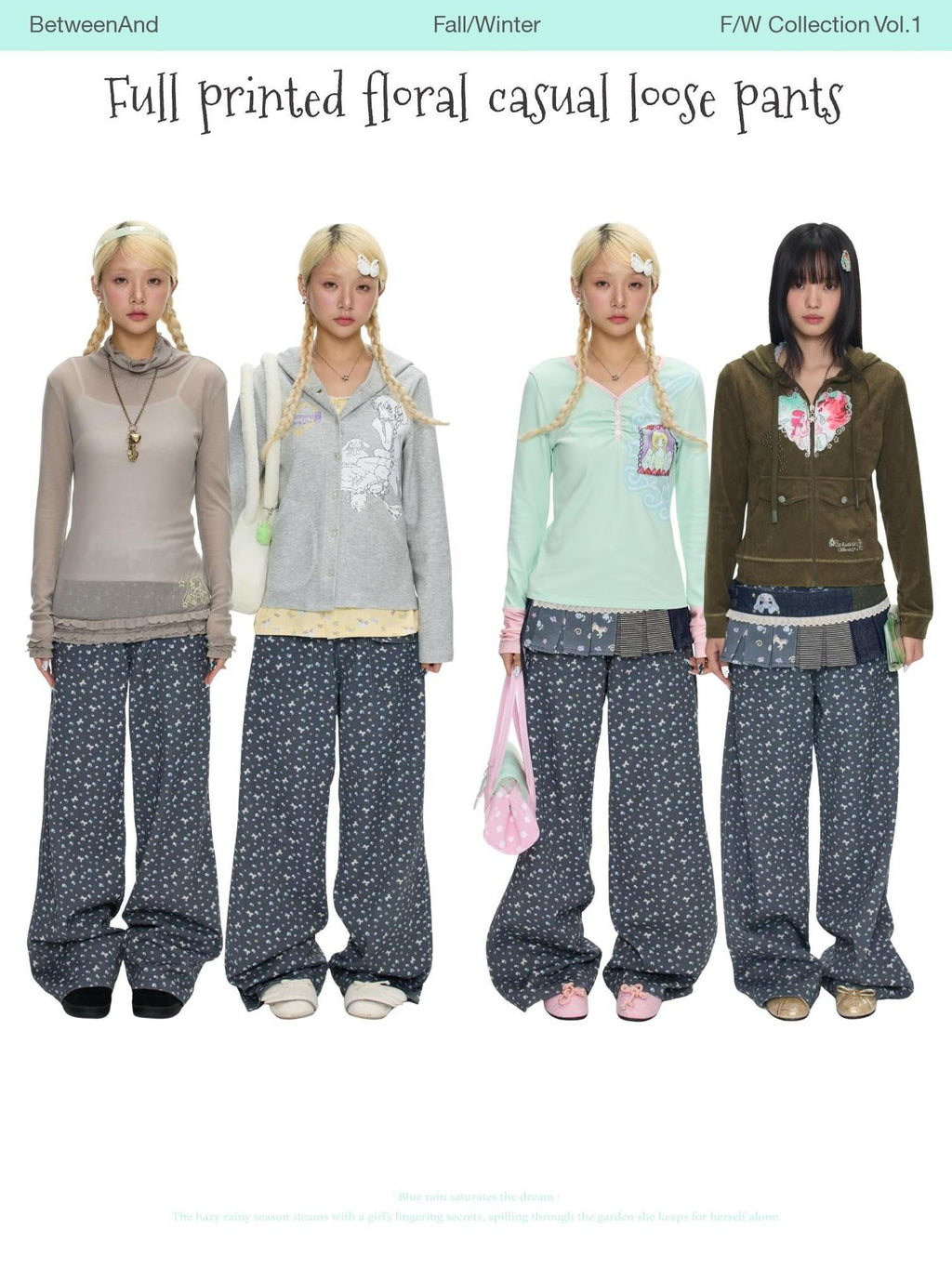 Starry Blue Floral Print Wide Leg Pockets Women's Cotton Blend Chinos
