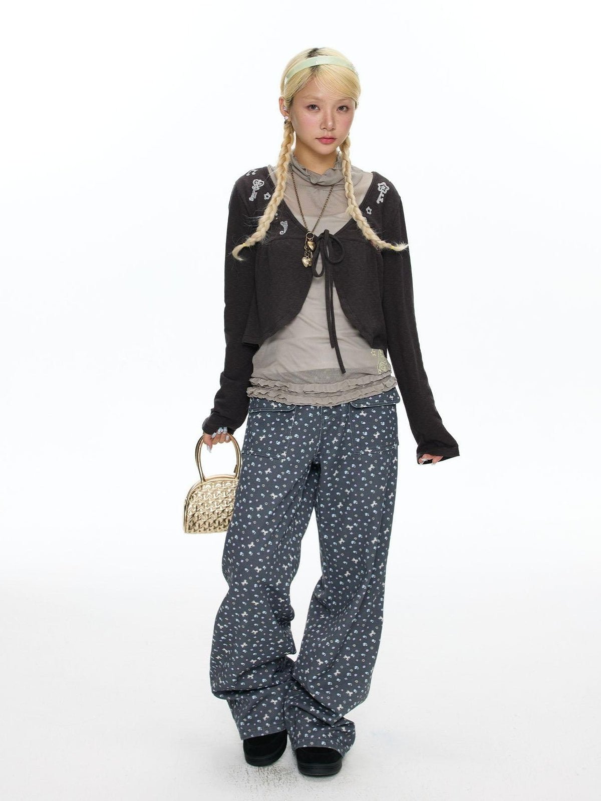 Starry Blue Floral Print Wide Leg Pockets Women's Cotton Blend Chinos