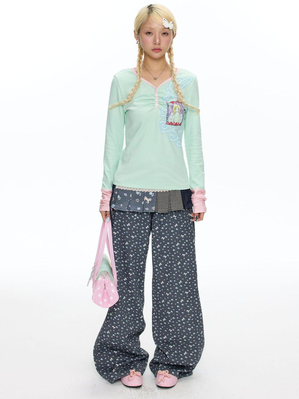 Starry Blue Floral Print Wide Leg Pockets Women's Cotton Blend Chinos