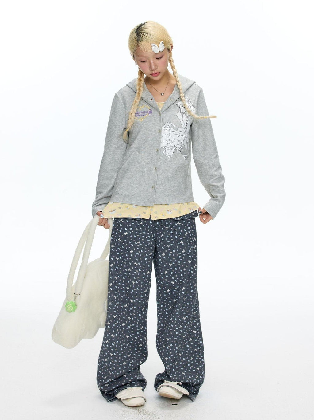 Starry Blue Floral Print Wide Leg Pockets Women's Cotton Blend Chinos