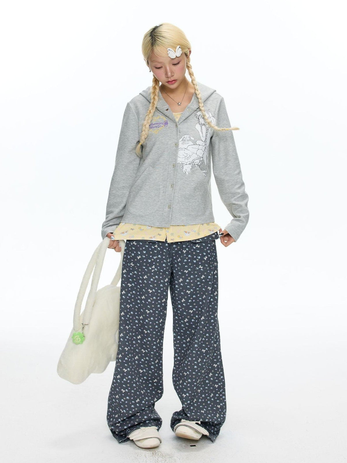 Starry Blue Floral Print Wide Leg Pockets Women's Cotton Blend Chinos