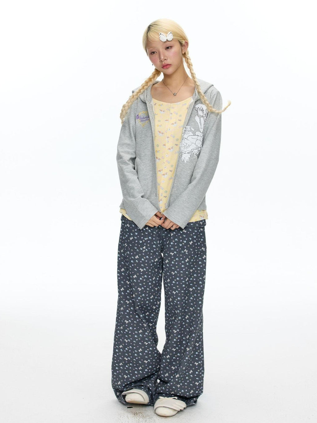 Starry Blue Floral Print Wide Leg Pockets Women's Cotton Blend Chinos