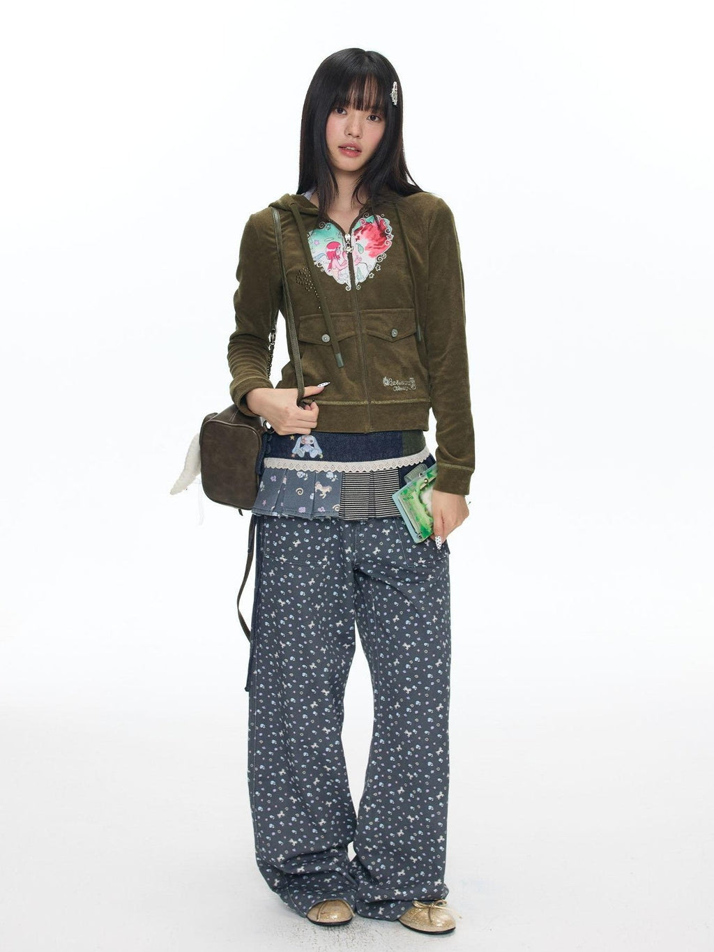 Starry Blue Floral Print Wide Leg Pockets Women's Cotton Blend Chinos