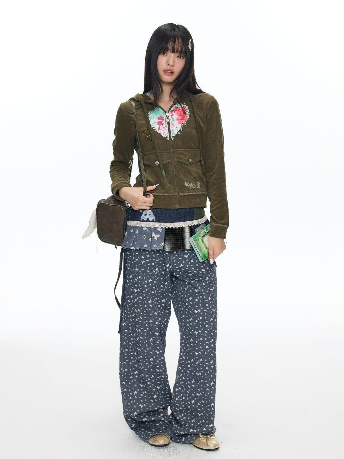 Starry Blue Floral Print Wide Leg Pockets Women's Cotton Blend Chinos