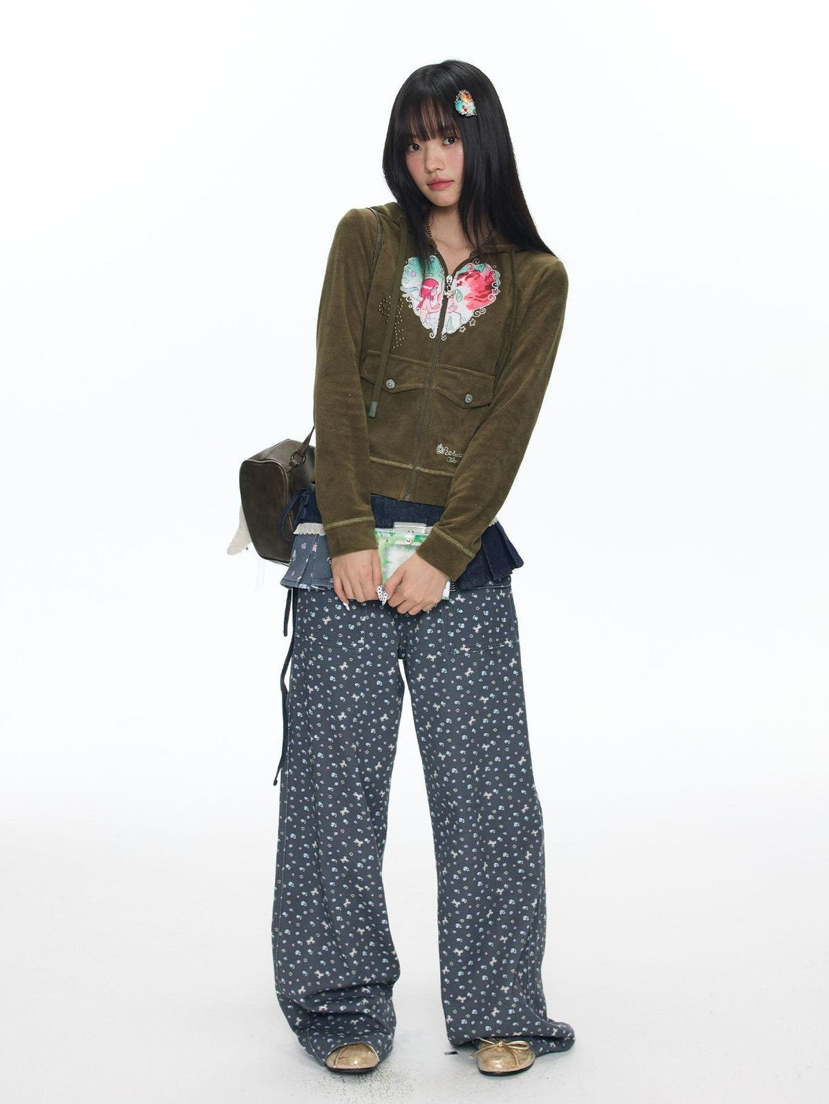 Starry Blue Floral Print Wide Leg Pockets Women's Cotton Blend Chinos
