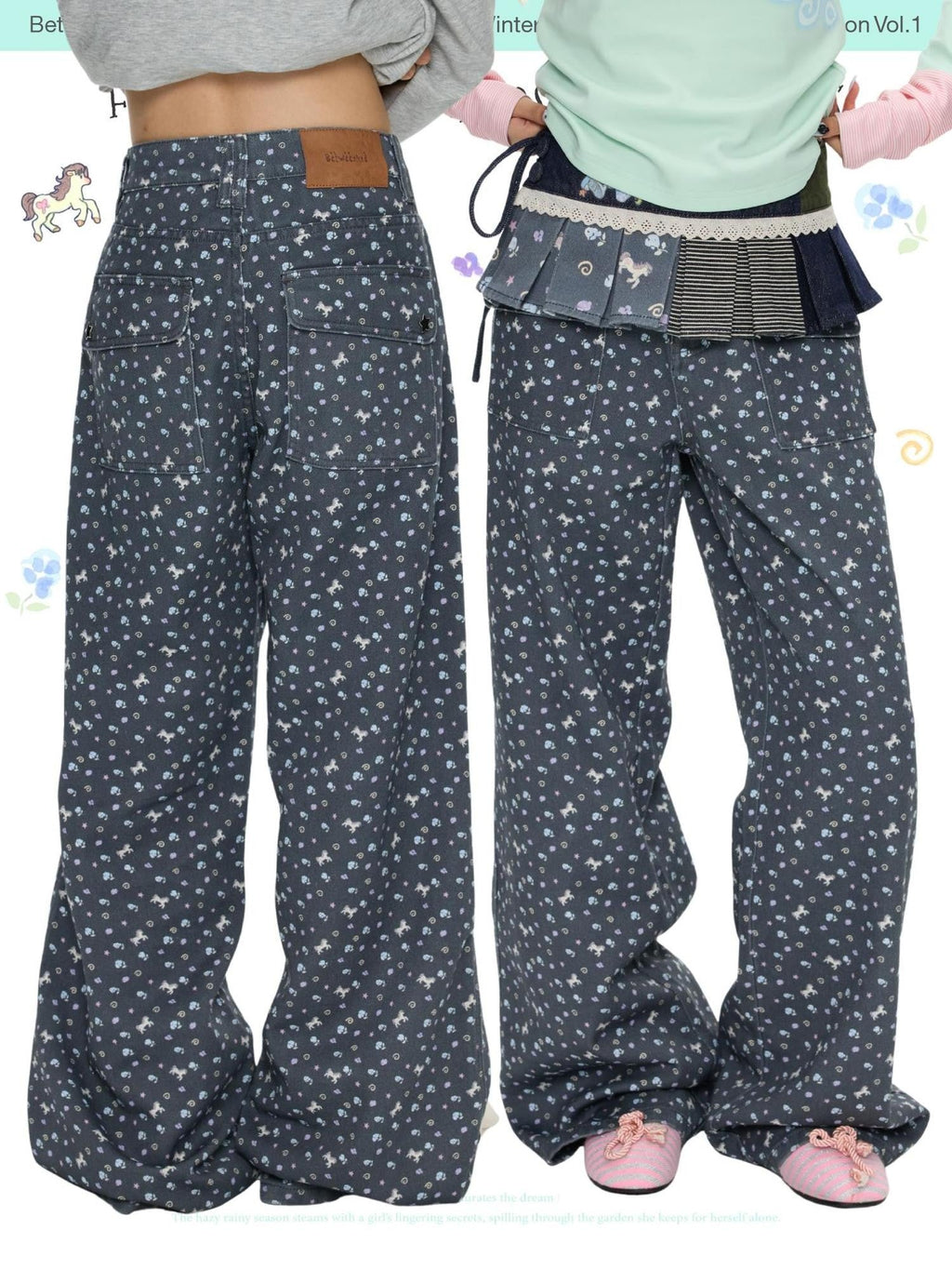 Starry Blue Floral Print Wide Leg Pockets Women's Cotton Blend Chinos