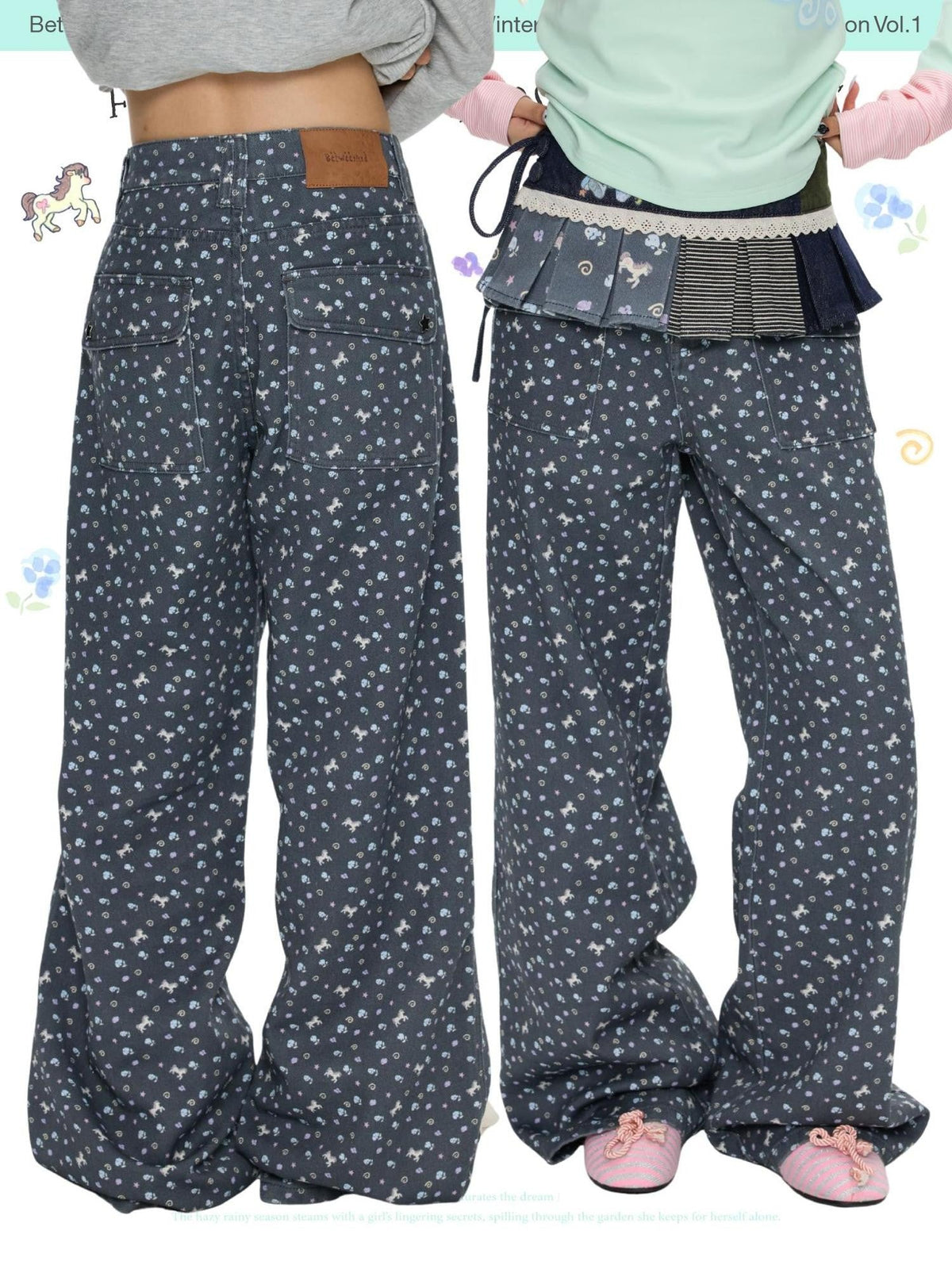 Starry Blue Floral Print Wide Leg Pockets Women's Cotton Blend Chinos