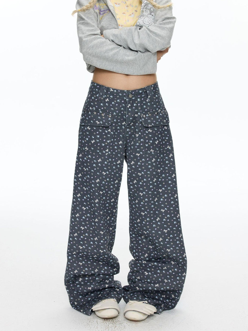Starry Blue Floral Print Wide Leg Pockets Women's Cotton Blend Chinos