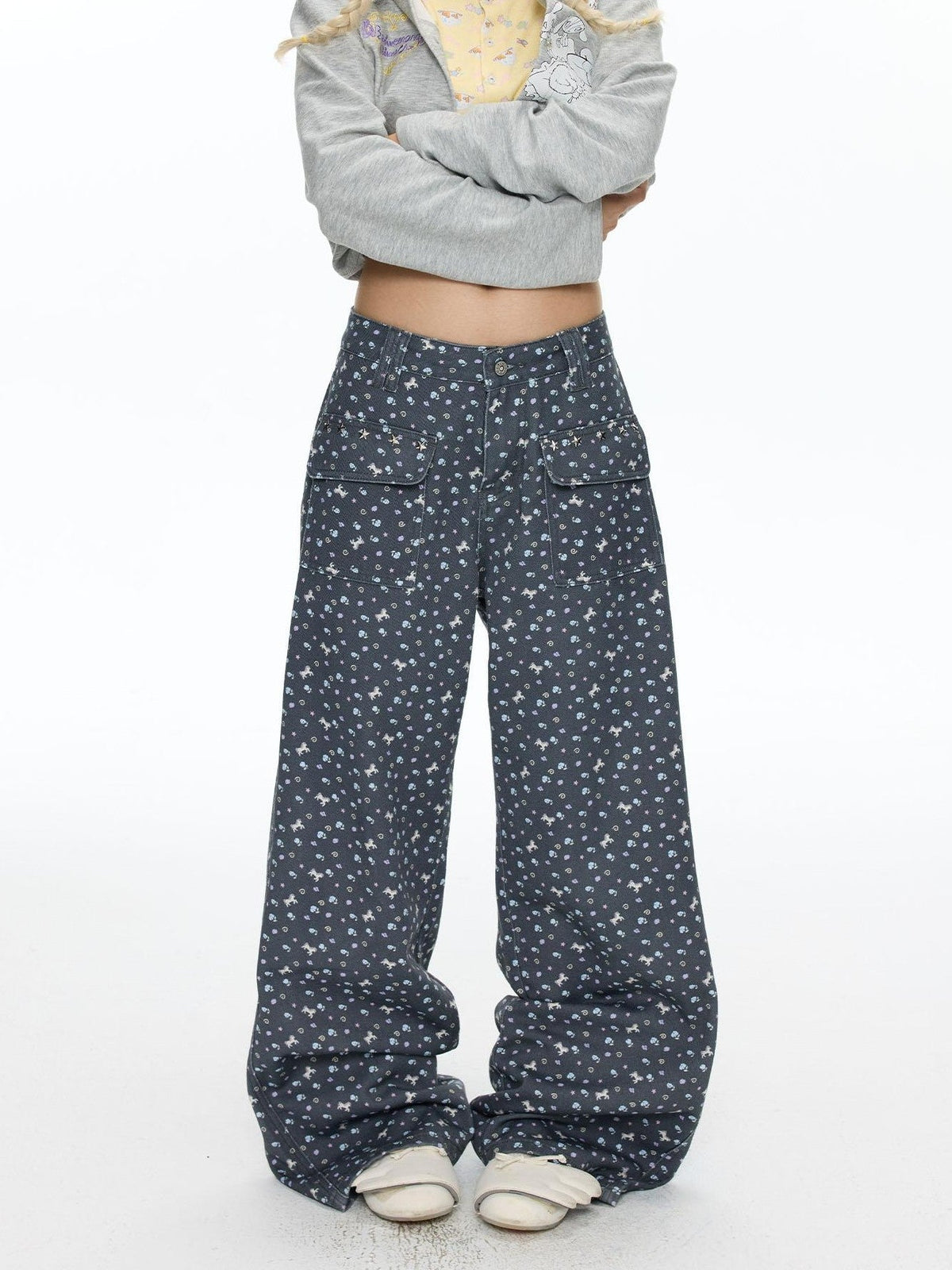 Starry Blue Floral Print Wide Leg Pockets Women's Cotton Blend Chinos