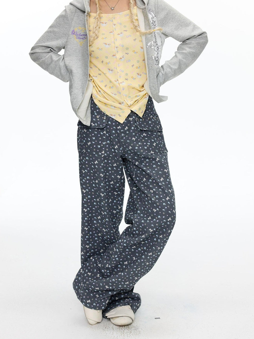Starry Blue Floral Print Wide Leg Pockets Women's Cotton Blend Chinos