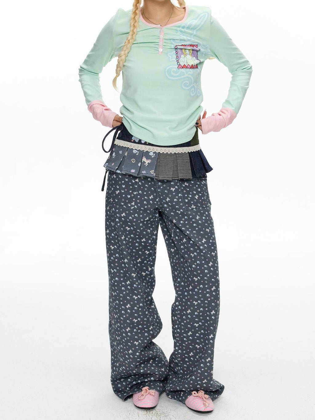 Starry Blue Floral Print Wide Leg Pockets Women's Cotton Blend Chinos