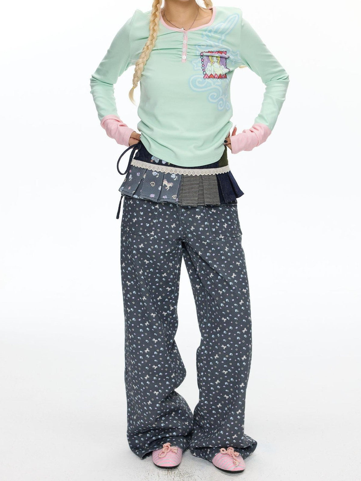 Starry Blue Floral Print Wide Leg Pockets Women's Cotton Blend Chinos