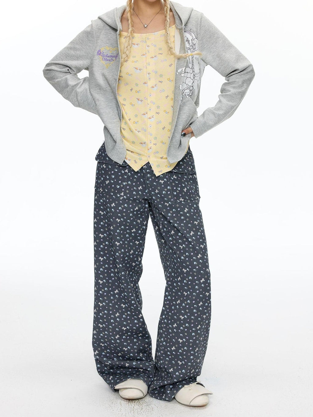 Starry Blue Floral Print Wide Leg Pockets Women's Cotton Blend Chinos
