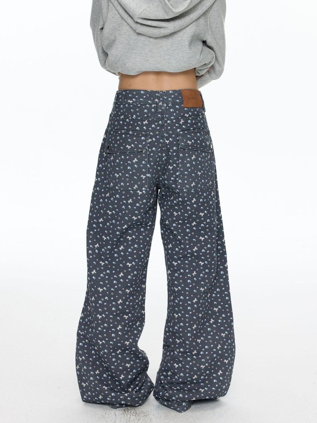 Starry Blue Floral Print Wide Leg Pockets Women's Cotton Blend Chinos