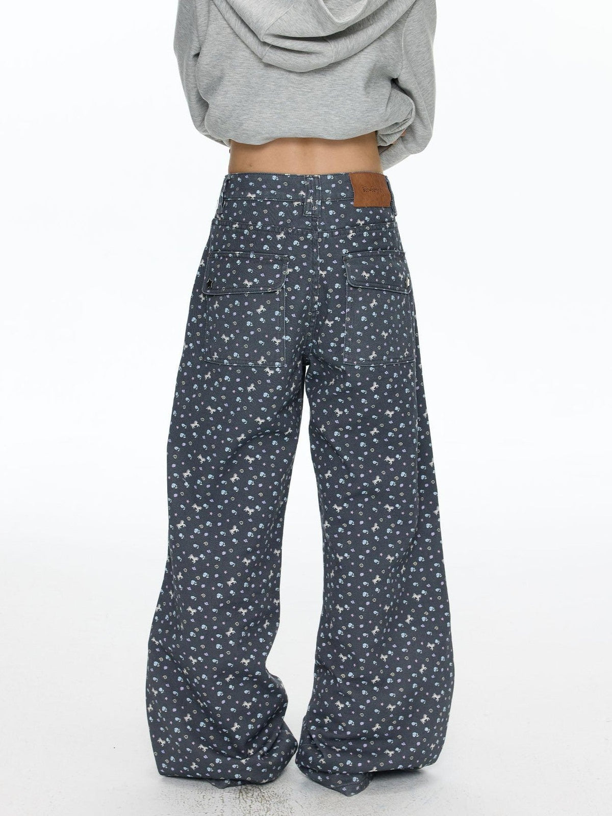 Starry Blue Floral Print Wide Leg Pockets Women's Cotton Blend Chinos