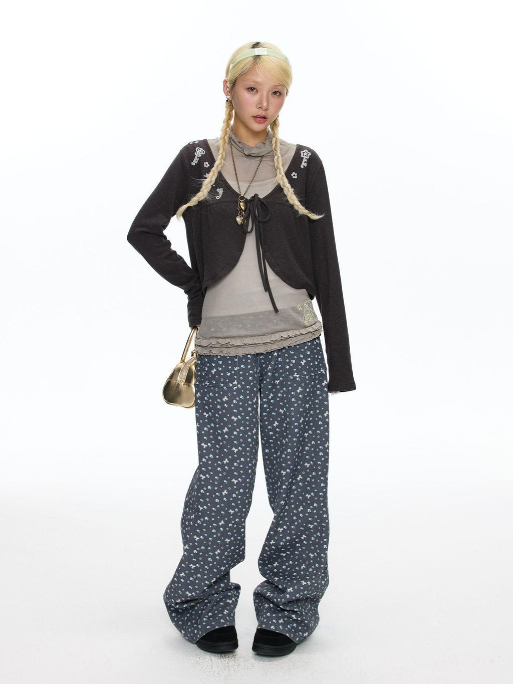 Starry Blue Floral Print Wide Leg Pockets Women's Cotton Blend Chinos