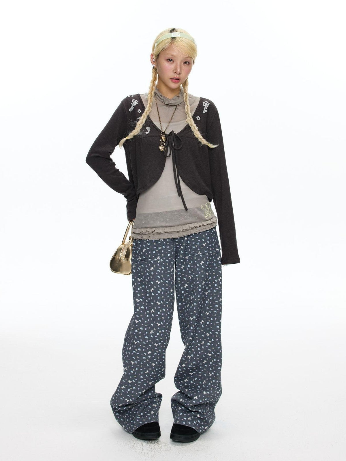 Starry Blue Floral Print Wide Leg Pockets Women's Cotton Blend Chinos