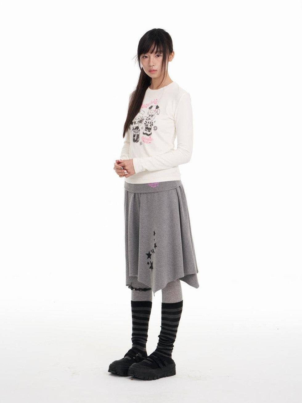 Straight Cut Crew Neck Puff Print Women's Viscose Blend Long Sleeve T-shirts