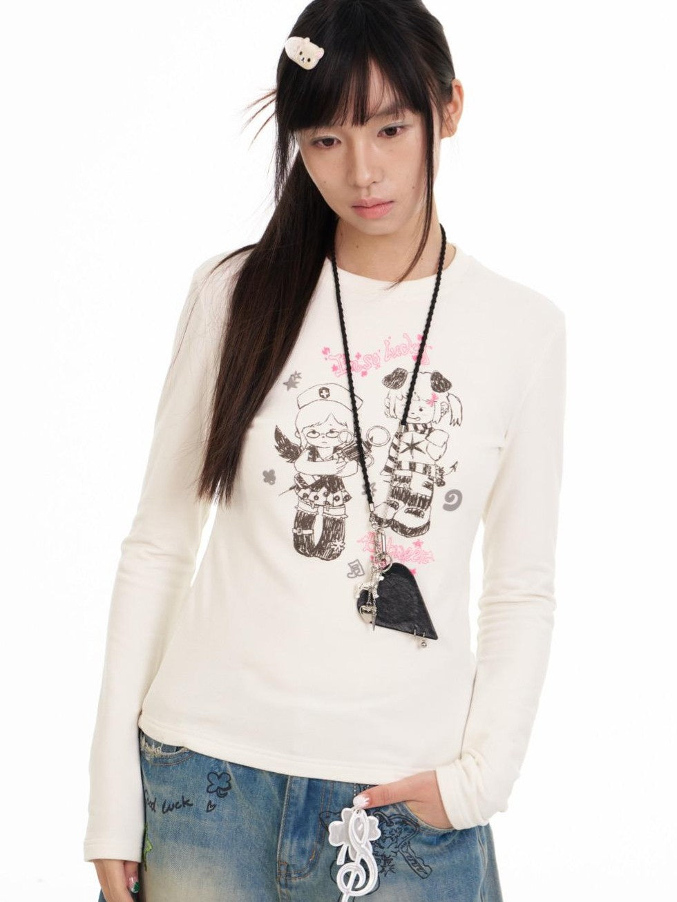 Straight Cut Crew Neck Puff Print Women's Viscose Blend Long Sleeve T-shirts