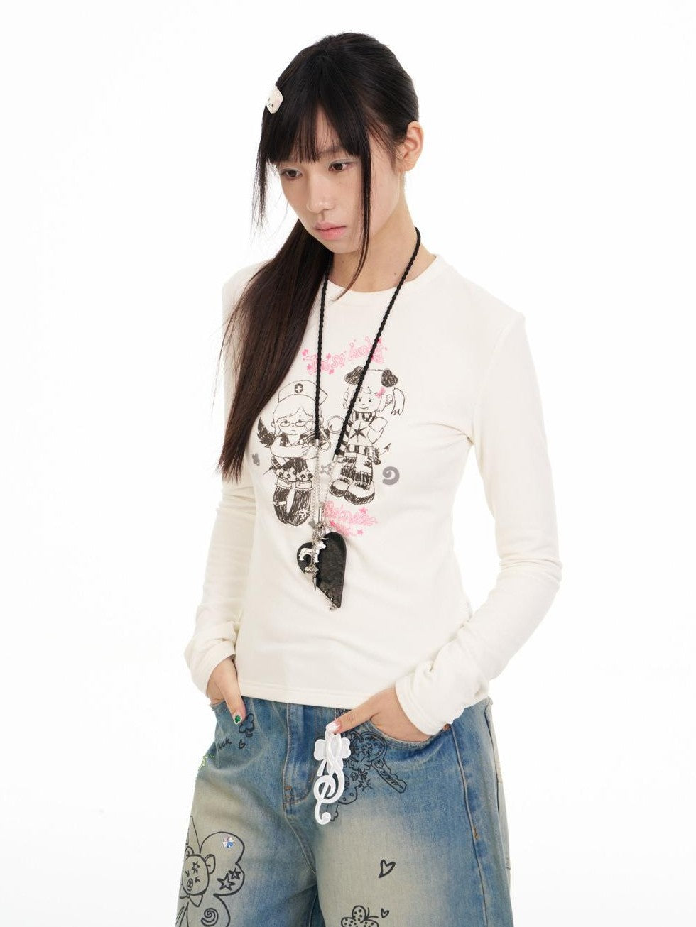 Straight Cut Crew Neck Puff Print Women's Viscose Blend Long Sleeve T-shirts
