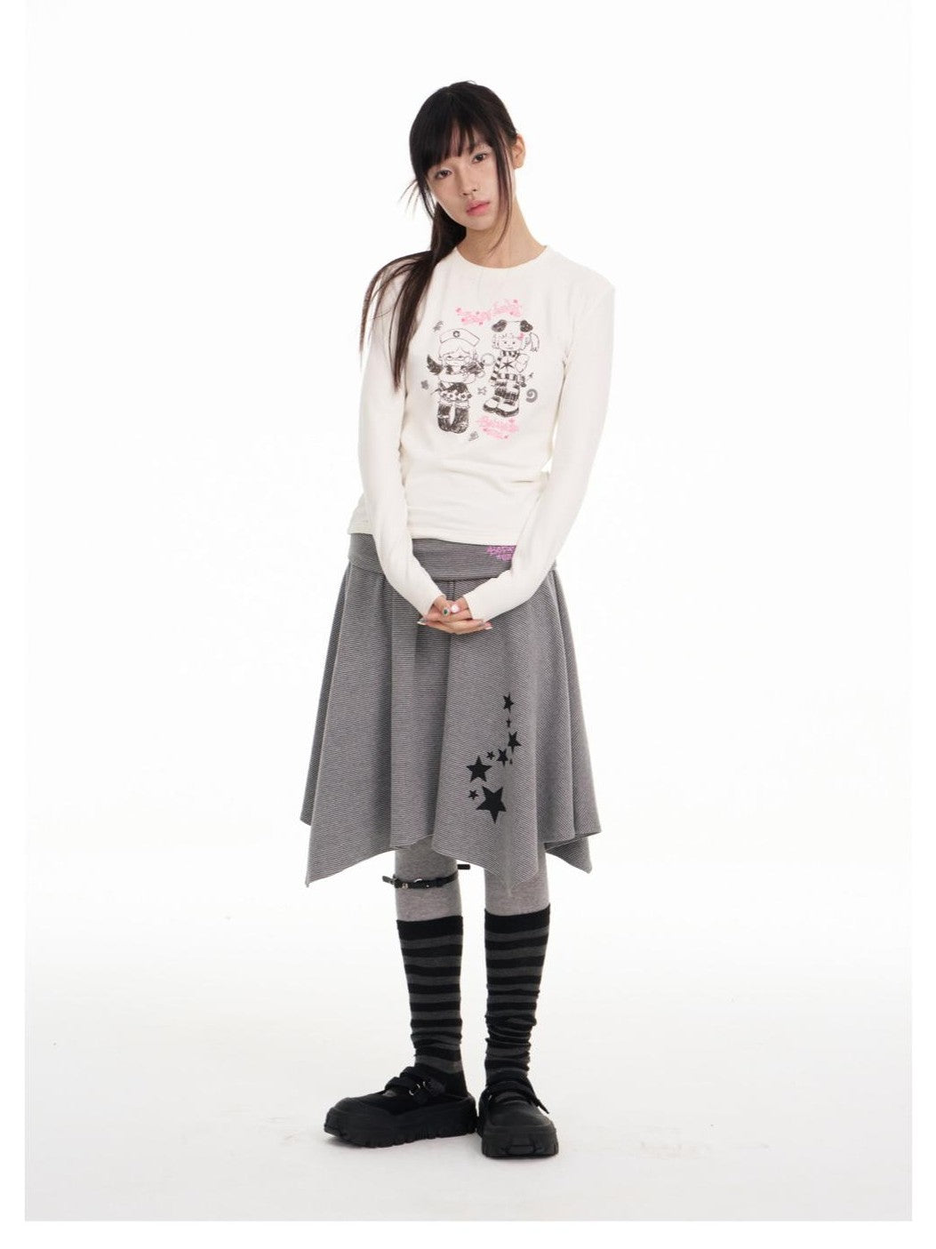 Straight Cut Crew Neck Puff Print Women's Viscose Blend Long Sleeve T-shirts