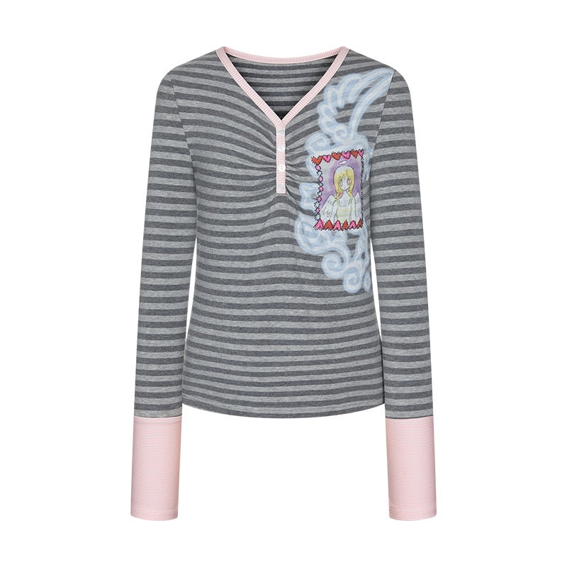 Striped Splice Print Hotfix V-neck Women's Cotton Spandex Long Sleeve T-shirts