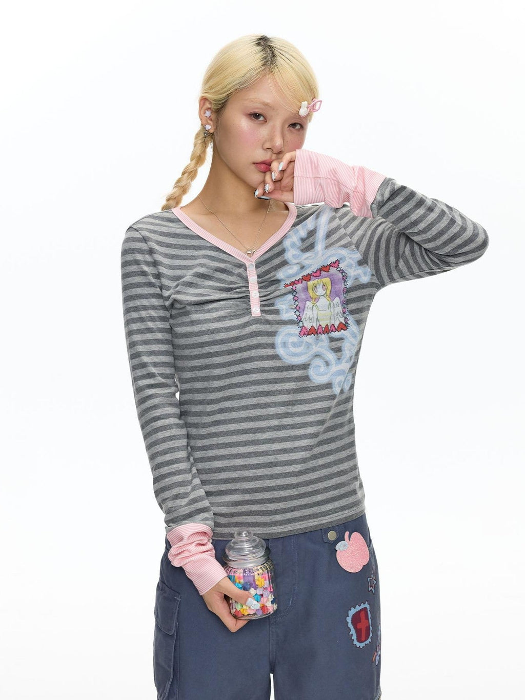 Striped Splice Print Hotfix V-neck Women's Cotton Spandex Long Sleeve T-shirts