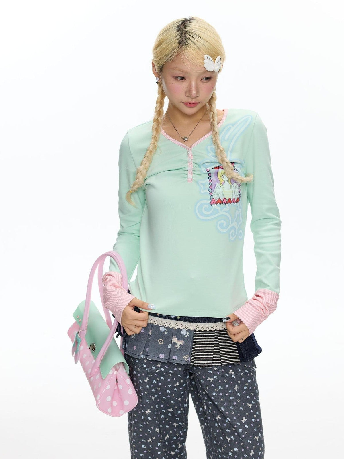 Striped Splice Print Hotfix V-neck Women's Cotton Spandex Long Sleeve T-shirts
