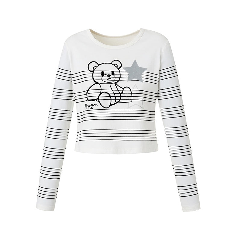Striped Star Bear Print Women's Cotton Blend Long Sleeve T-shirts