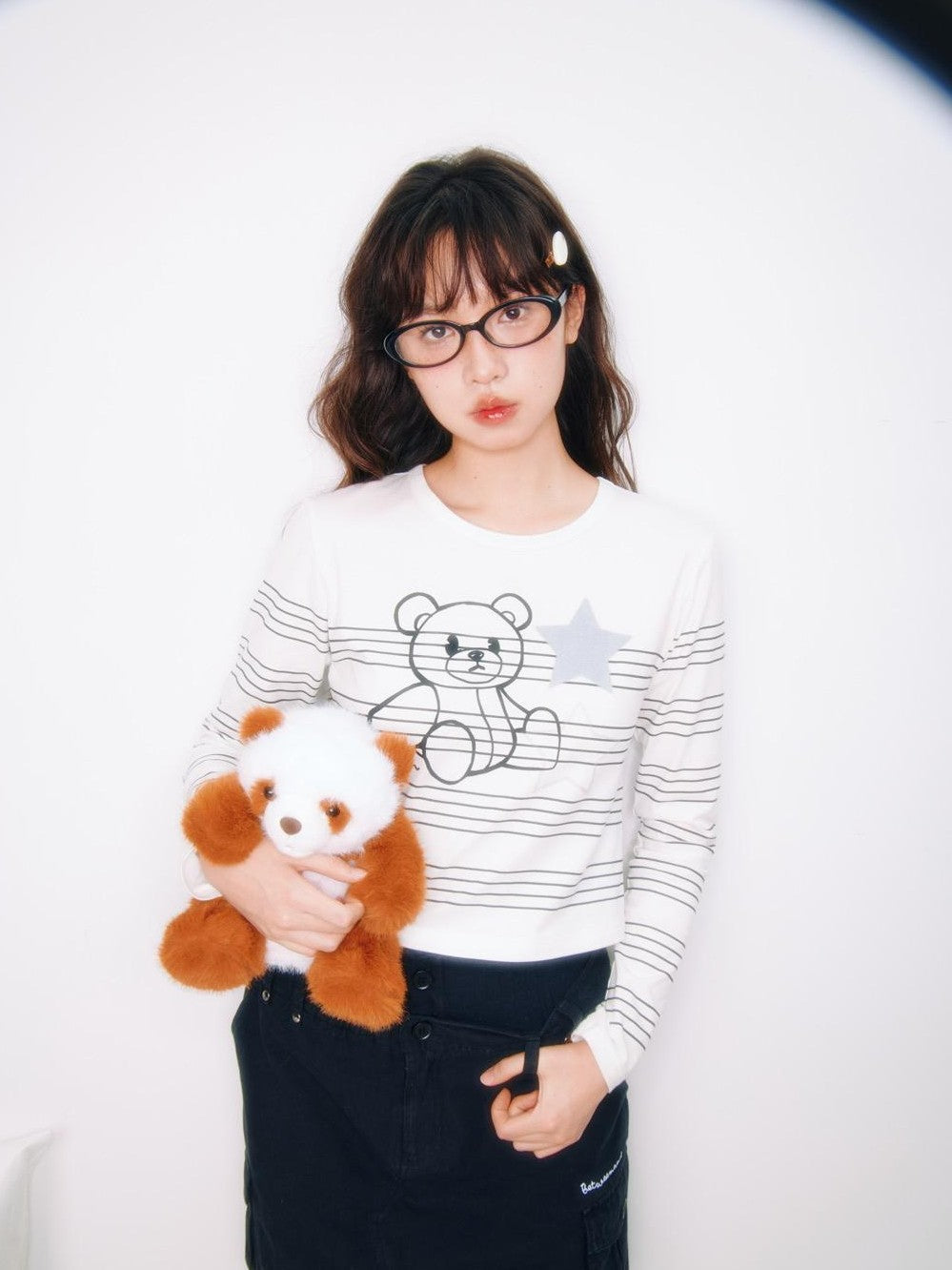 Striped Star Bear Print Women's Cotton Blend Long Sleeve T-shirts