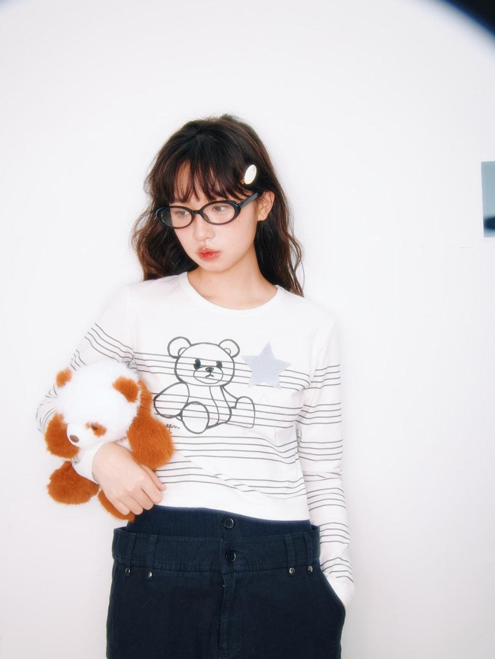 Striped Star Bear Print Women's Cotton Blend Long Sleeve T-shirts
